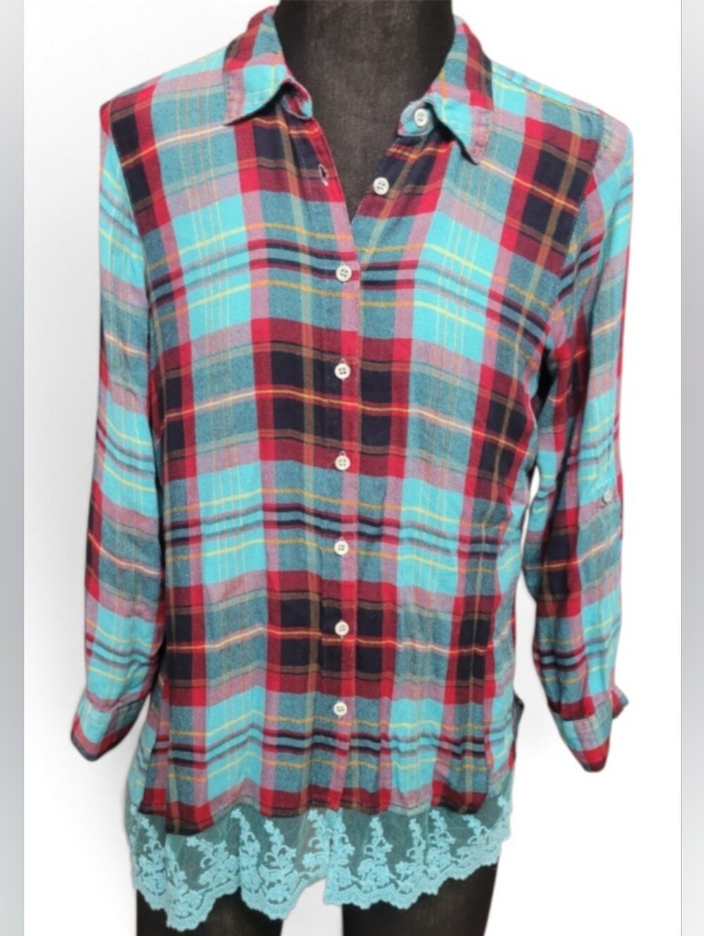 Soft Surroundings Turquoise & Red Plaid Button-Down with Lace Hem
